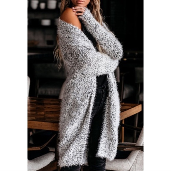 Gray Fuzzy Knit Cardigan with Pockets - Picture 2 of 8
